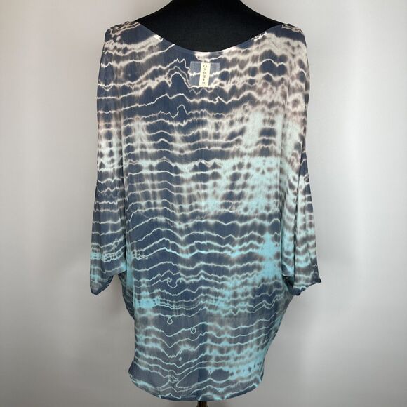 Gypsy 05 Silk Boat Neck Dolman Sleeve Blouse Size S Blue Tie Dye High Low Boho - Picture 2 of 11